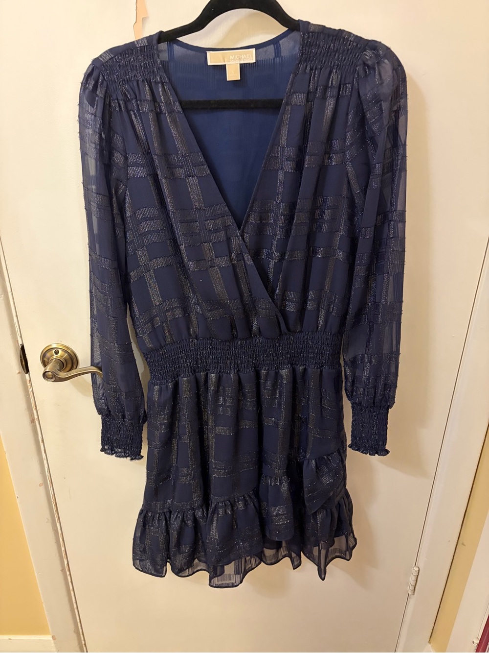 Michael Kors Smocked Waist Navy V-Neck Long Sleeve Dress